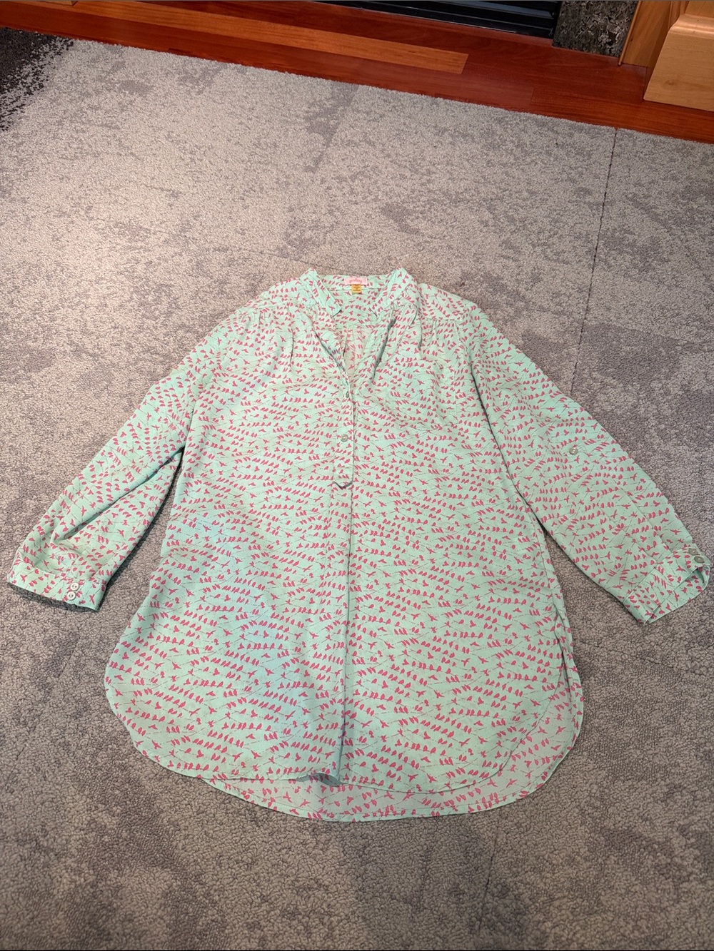 Pixley Mint Green Button-Front Blouse with Pink Bird Print - Medium